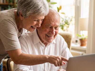 seniors, couple, laptop, technology, laughing, togetherness, home, internet, browsing, digital, retirement, happy, pointing, connection, lifestyle, silver, discovery, love, indoor, communication, ai generated