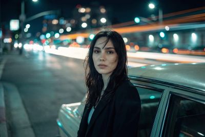 woman, night, car, city, bokeh, lights, portrait, fashion, dreamy, nightscape, blurred background, car wallpapers, thoughtful, night street, photography, model, stillness, illumination, solitude, edge