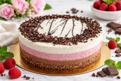 cake, chocolate, raspberries, chocolate topping, cream frosting, layer cake, fruit, sweet dessert, celebration, dessert, baking, fresh, edible flower, chocolate shavings, decoration, dessert plate, happy birthday, production, tray