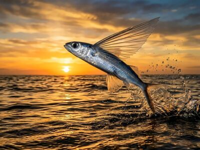 flying fish, ocean waves, sunset, nature, wildlife, movement, water, dawn, freedom, warm colors, water splash, golden, action, marine life, lizard, horizon, energy, reflection, aerial, sky, orange