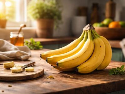 banana, fruit, kitchen, fresh, sunny, natural light, healthy, breakfast, snack, bunch of bananas, slicing, knife, wood, rustic, cutting board, food preparation, homemade, vegetable, healthy diet, growth energy