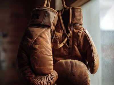 boxing gloves, old, leather, hook, hanging, athletic, vintage, training, sporty, gym, boxing, worn, texture, exercise, repair, grit, retro, nostalgic, relic, 40 percent