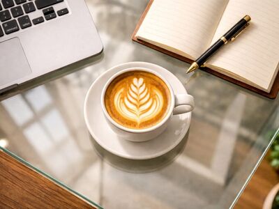 coffee, latte art, workspace, laptop, notebook, pen, glass table, office, productivity, work environment, minimalism, inspiration, professional, modern, desk, office supplies, efficiency, creativity, technology, hot beverage
