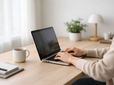 remote work, freelance, laptop, home office, typing, workspace, coffee cup, productivity, modern, minimal, lifestyle, blogging, independent, technology, desk, creative, business, professional, independent work, clean