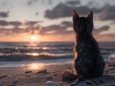 cat, beach, sunrise, pet, animal, ocean, sand, calm, clouds, nature, horizon, relaxation, reflection, melancholy, dusk, serenity, meditative, sunset, escape, scenery