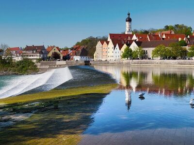 architecture, historical, church, river, waterfall, reflection, city, landscape, birds, weir, impounded, lock, roof colors, lech, buildings, nature, cityscape, reservoir, small town, water level, scaling, peaceful