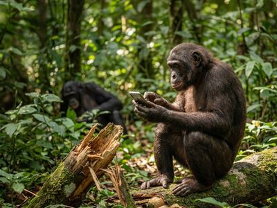 bonobo, jungle, forest, nature, wood, smartphone, modern, digital, intelligent, ape, curious, technology, interaction, log, moss, intelligence, charming, social animal, thorn, vegetation