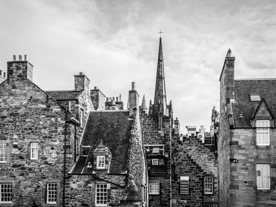 edinburgh, scottish, urban, old town, travel, stone building, ancient architecture, gothic-style, cathedral, europe, united kingdom, black and white, church architecture, rooftops, historic, medieval, tourism, towers, tourist attraction, modern history