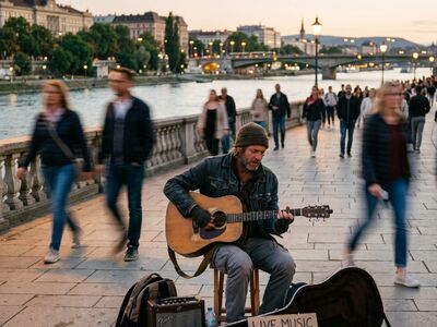 musician, guitar, street performer, river, promenade, evening, bridge, acoustic, cultural, atmosphere, reflection, stool, guitar case, denim jacket, fingerless gloves, beanie, public space, reunion, courtesy, live music