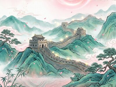 great wall, traditional chinese painting, nature, landscape, mountains, bamboo, blossoms, lotus, sunrise, clouds, pink, chinese architecture, cultural heritage, water element, fantasy, decorative, peaceful, ethereal, lighting, pastel colors