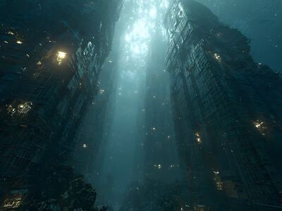 underwater city, futuristic, urban, dark, glowing lights, mysterious, tall buildings, underwater world, shadow, deep ocean, futuristic architecture, downward, glow, ocean, hidden cities, ruins, peaceful, mysteries, fantastic, futuristic city, skyscraper tops