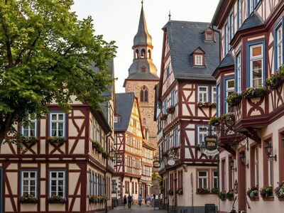 city, architecture, church, historic, city wall, tree, fresco, a few people, window frames, flowers, heritage awareness, summer evening, nice weather, medieval, tree-lined street, europe, morning, tourist destination, germany