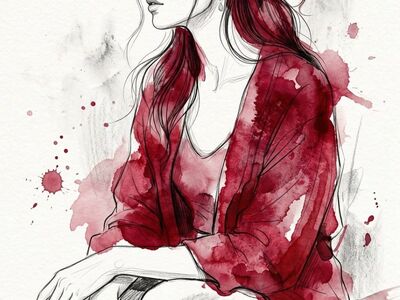 watercolor, female portrait, black and white, creativity, art, red color, loose lines, handwriting, pencil, artwork, ink drawing, linework, contour, stain, coloring, emotional expression, details, stylization, emotional art
