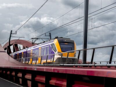 railway bridge, train, red, clouds, netherlands, modern architecture, commuter train, nature, travel, infrastructure, urban, dramatic sky, railway, river, transportation, passenger, yellow, concrete, bridge design, bridge construction