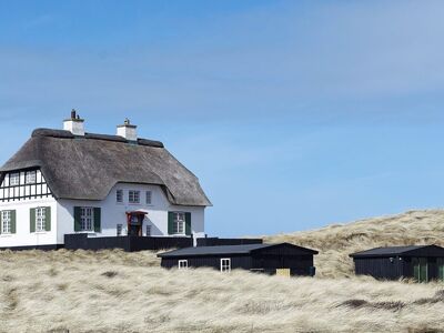 house, thatched roof, dune, sky, north sea, sunny, denmark, sand, architecture, coast, cottage, traditional, blue sky, tourism, country house, grass, idyllic, roofing, nature, western europe, summer