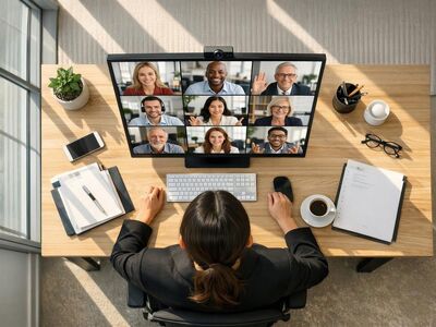 video conference, home office, desk, computer monitor, video call, employee, office work, laptop, coffee cup, potted plant, telephone, internet connection, technology, communication, business, remote work, office equipment, workspace, office environment, meeting, online service