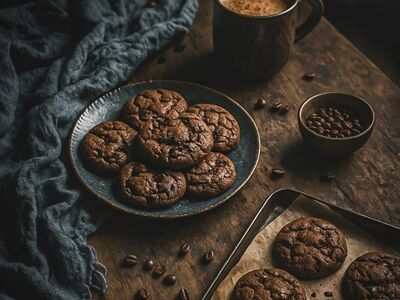 chocolate cookies, chocolate chips, freshly baked, baking sheet, parchment paper, ceramic plate, blue wrinkled cloth, coffee mug, hot beverage, coffee beans, small bowl, dark food photography, rustic wooden table, cozy afternoon, sweet treats, homemade baking, comfort food, winter aesthetic, cozy lighting, textures