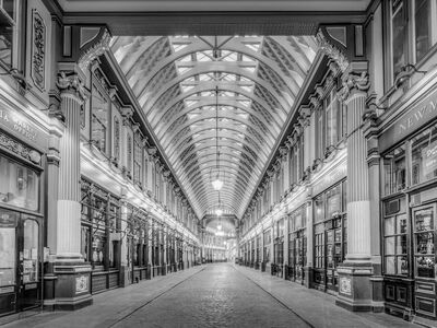 leadenhall market, historic, architecture, english, london, black and white, british, market, ceiling, interior, floor, lamp, shop, column, trading, tourist attraction, victorian, iron structure, business, covered market