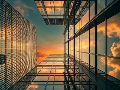 skyscraper, architecture, modern, glass, building, reflection, sunset, sky, nature, city, abstract, geometric, perspective, contemporary, future, dawn, urban, petrol, orange, clouds, constructivism