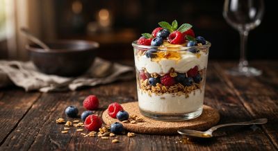 yogurt parfait, mixed berries, granola layers, blueberries, raspberries, mint leaf, honey drizzle, glass cup, rustic table, dark background, gourmet cooking, healthy snack, tasty dessert, organic ingredients, fruit topping, breakfast experience, presentation, clear glass