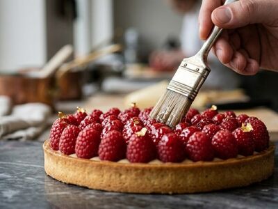 pastry chef hand, raspberry tart, chocolate glaze, gold leaf accents, luxury pastry, chocolate crust, fruit and chocolate, close up shot, marble counter, baking art, tart, elegant presentation, fresh raspberries, food decoration, luxury dessert, instant meringue, ripple effect, precision presentation, chocolate plate, confectionery