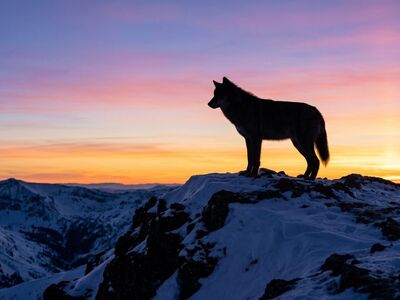 wolf, silhouette, mountain peak, winter, snow, nature, dusk, pastel sky, overlook, sunset, lone wolf, wilderness, majestic, canis lupus, horizon, predator, standing wolf, cold climate, one, environment