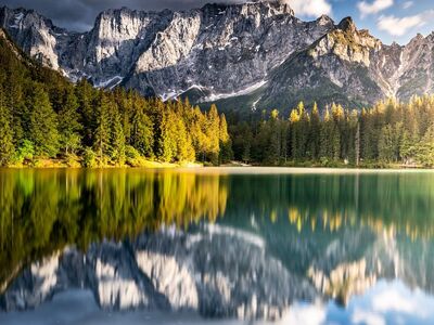 reflections, mountains, lake, nature, sunset, landscape, forest, cloudy, alps, tranquility, breathtaking, peaceful, hiking, serenity, dusk, blue sky, silent, wonder, snow, tourist