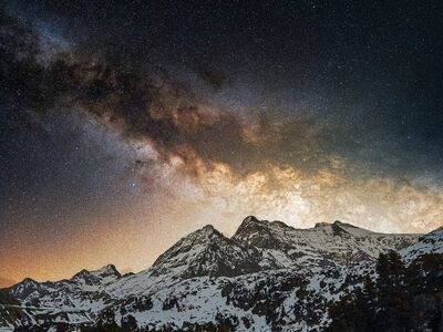 night sky, milky way, stars, mountains, snowy, natural scenery, beauty, winter landscape, universe, astrology, astronomy, nature, northern star, darkness, awe, silence, tranquility, night, panorama, calm atmosphere