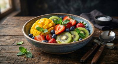 fruit bowl, healthy snack, mango, strawberries, kiwi, blueberries, fresh fruit, mint leaves, rustic ceramic bowl, summer food, wooden table, serving spoons, salt, dark lighting, vibrant colors, vitamins, clean eating, vegetarian, dessert salad, fresh produce