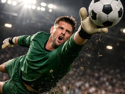 goalkeeper, save, dive, action, soccer, football, gloves, jump, stretch, block, defense, sport, stadium, lights, match, athlete, nature, motion, dynamic, intensity, grass, dirt