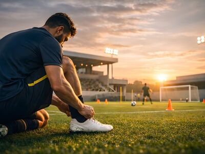 soccer, player, training, preparation, shoes, field, grass, sunset, cones, stadium, focus, outdoors, dedication, routine, nature, warm, golden, readiness, discipline, sport, golden light
