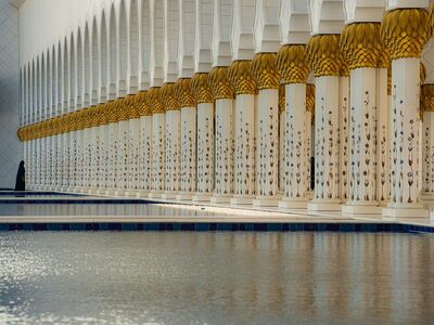mosque, architecture, islam, religion, prayer, tourism, emirates, arabic architecture, vault, decorative, woman, colonnade, water, nature, columns, city edge, reflection, lighting, golden, silence, detail