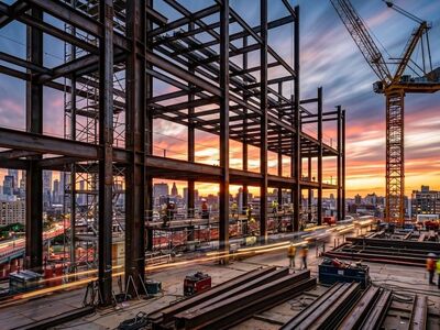 construction site, steel frame, crane, city skyline, twilight, nature, sunset, industrial, urban, architecture, engineering, development, building, light trails, workers, safety net, scaffold, perspective, geometry, evening, infrastructure, view