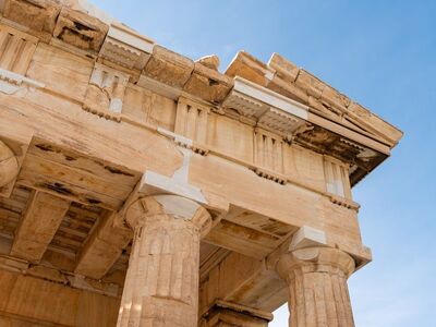 athens, acropolis, greek, temple, architecture, history, city, monument, travel, building, parthenon, column, ancient, archaeology, paving stone, ruins, blue sky, doric, nature, tourism, remnant