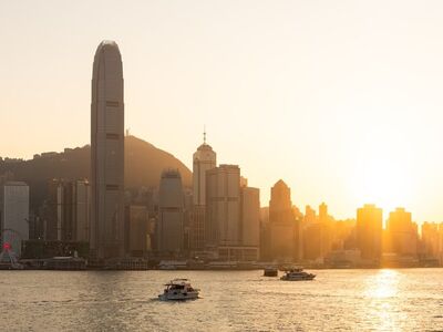 hongkong, cityscape, panorama, skyscraper, sunset, building, pier, tower, evening, city, sea, boat, urban, horizon, island, glow, water, nature, west