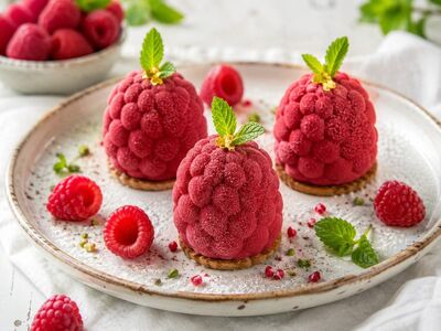 dessert, raspberry, dessert on plate, fresh fruit, luxury dessert, culinary decoration, gastronomy, leaf decoration, cake, red color, sweet, patisserie, creative dessert, fruity flavor, white plate, pastry, edible gold leaf
