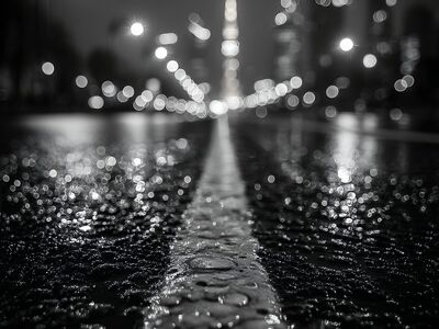street, night, city, wet, road, lane marking, asphalt, dark, urban, transportation, traffic, black, white, cityscape, light, blur, bokeh, surface, rain, rainy, pavement