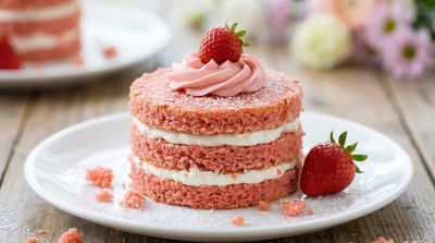strawberry, cake, dessert, layer, sweet, food, pastry, cream, whipped, pink, mini, gourmet, bakery, delicious, treat, homemade, fresh, fruit, baking, wooden, table