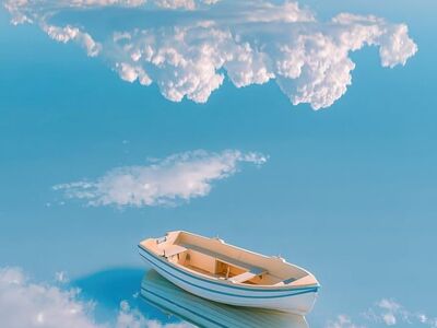 boat, blue sky, water, sky, clouds, reflection, peaceful, calm, blue, white, nature, summer, travel, adventure, freedom, solitude, clear