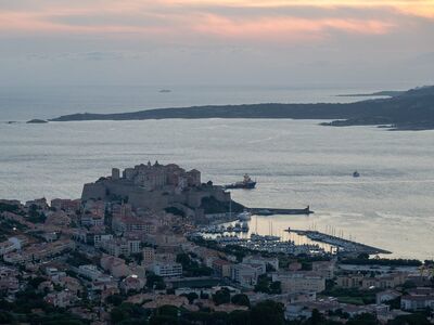 calvi, corsica, dawn, harbor, citadel, sea, city, sky, morning, nature, mountains, mediterranean, island, summer, vacation, gulf of calvi, aurora, clouds, france, water, boats