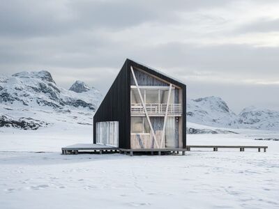 modern architecture, winter landscape, cabin, snowfall, isolation, wood, mountains, minimalism, architectural visualization, scandinavian design, wooden facade, ice cover, purity, silence, tall building, exterior, design house, solitude, energy-efficient house, nature, rural setting, architectural minimalism