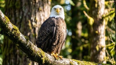 ai generated, bald eagle, nature, raptor, animal, wildlife, portrait, ornithology, bird, predator, tree branch, perched, wild, fauna, mobile, green background, day, sun, daylight, prey, american