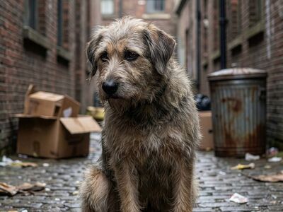 dog, animal, nature, stray dog, wet, brick alley, grey, box, abandoned, lonely, rainy day, dog sitting, sad, emotional, pet, portrait, disappointment, broken