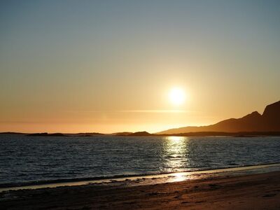 beach, sunset, coast, sea, norway, rocky coast, mountains, evening, tranquility, water surface, natural scenery, northern europe, summer evening, reflection, summer season, clear sky, nature, quiet, beautiful view, nature escape, scandinavian landscape