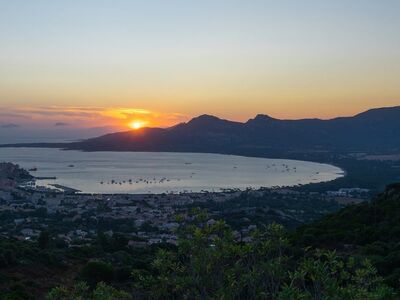 sunrise, sea, calvi, bay, morning light, romantic, mountains, morning mood, vacation, corsica, mediterranean, nature, landscape, island, france, calm, sun, light, summer vacation, corsica island