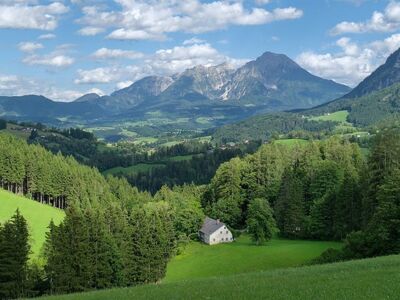 mountain, panorama, valley, meadow, forest, summer, groves, alps, nature, cabin, idyll, tranquility, travel, hiking, excursion, valley phenomenon, europe, sky, grass, tourism