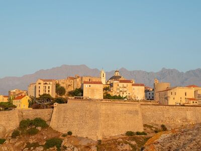 calvi, citadel, corsica, evening light, old town, blue hour, mediterranean, island, france, panorama, architecture, coastline, summer evening, mountains, rocks, fortress, main attraction, view, landmark