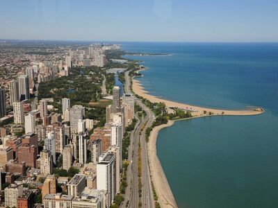 chicago, city, illinois, skyline, lake michigan, coastline, usa, panorama, beach, architecture, skyscraper, park, beach promenade, aerial view, real estate, urban park, blue sky, summer day, urban environment, traffic artery