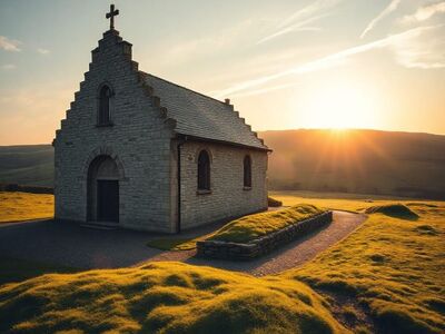 church, sunset, landscape, green grass, cross, stone building, religion, architecture, nature, mountains, sunshine, countryside, peaceful, blue sky, quiet, czech countryside, pilgrimage site, tourist attraction, historic building