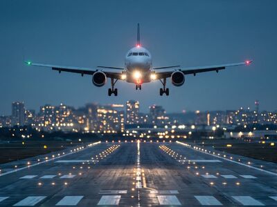airplane, landing, runway, nature, city, night, city lights, transportation, aviation, landing lights, control tower, runway lights, arrival, front view, calm, safety, evening flight, uncertainty, bright lights, departure, sunset